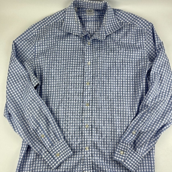 Ike By Ike Behar Button Up Shirt Mens 17/35 Performance 100 Blue White Plaid - Picture 1 of 11